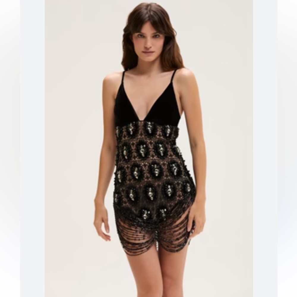 NWT PATBO black velvet fringe mini dress hand beaded rhinestone crochet Gatsby - Picture 5 of 16